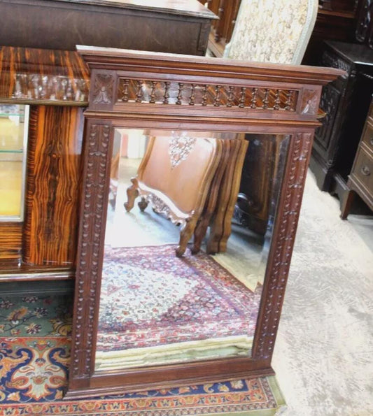 French Antique Brittany Style Mirror | Dark Oak Carved Wall Mirror