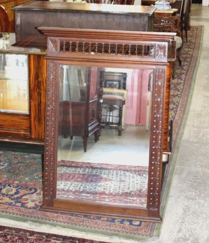 French Antique Brittany Style Mirror | Dark Oak Carved Wall Mirror