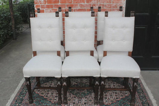 Set of 6 French Renaissance Dining Chairs | White Upholstery | Antique