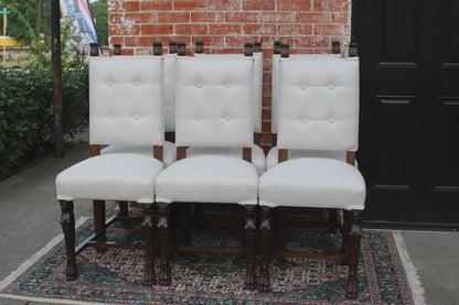 Set of 6 French Renaissance Dining Chairs | White Upholstery | Antique