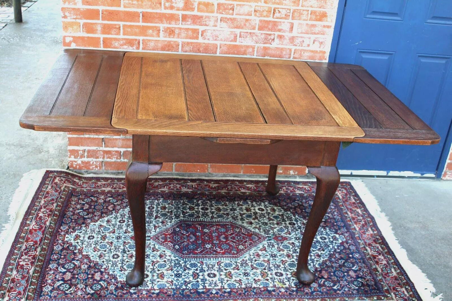 English Antique Queen Anne Table | Oak Draw Leaf Kitchen Dining Table
