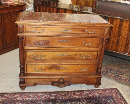 French Antique Henry II Walnut Chest | Marble Top Drawers Dresser c. 1880s