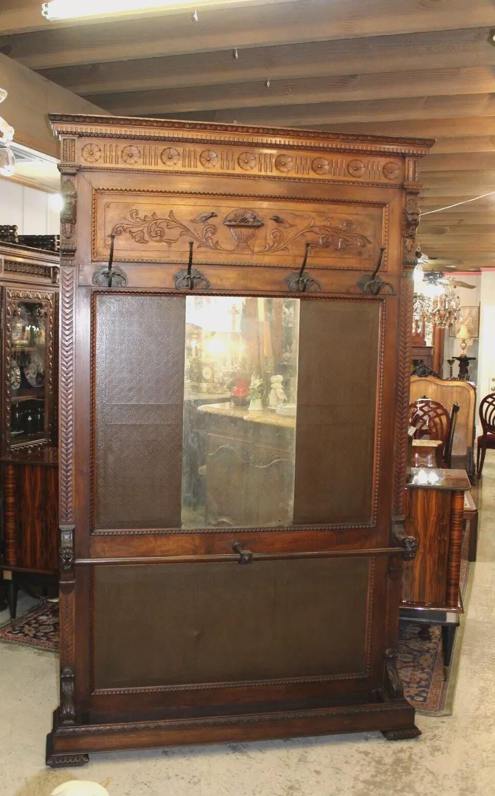 Large French Renaissance Hall Tree | Antique Walnut Coat Rack with Mirror