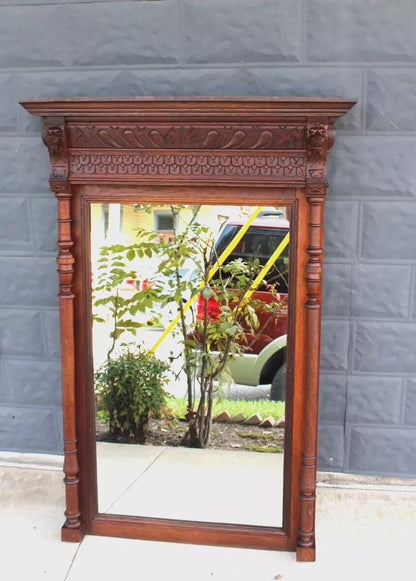 French Antique Dark Oak Mirror | Renaissance Style Carved Wall Frame