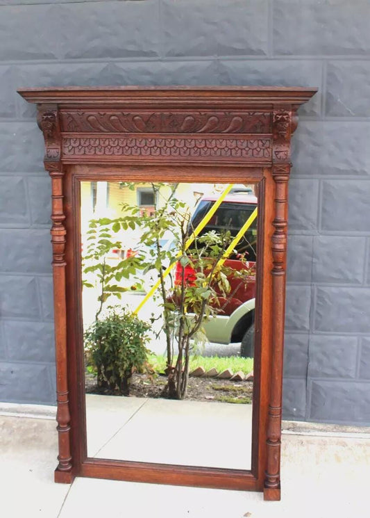French Antique Dark Oak Mirror | Renaissance Style Carved Wall Frame