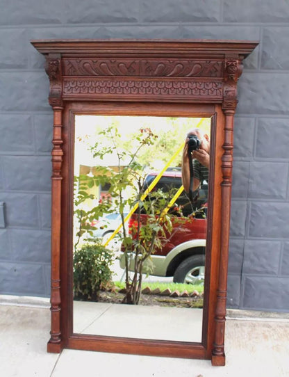 French Antique Dark Oak Mirror | Renaissance Style Carved Wall Frame