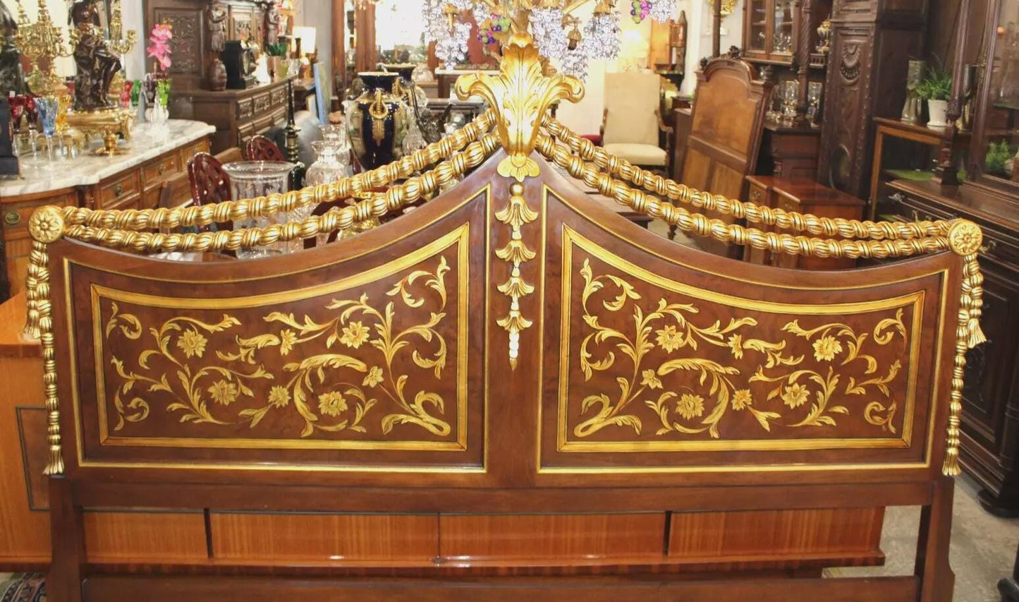 American Mahogany King Headboard by Karges | Hand-Carved Floral Inlay Detail