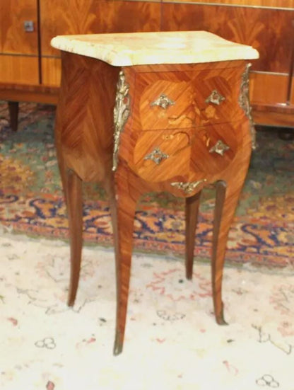 French Antique Inlaid Rosewood Nightstand w/ Marble Top & Bronze Mounts