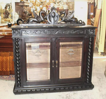 French Antique Louis XIII Glass Door Bookcase Display Cabinet w/ Griffins
