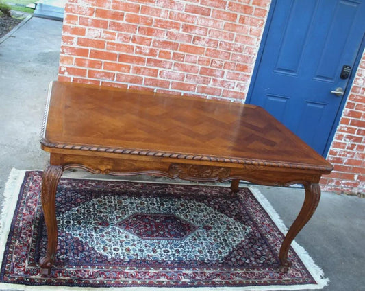 French Antique Louis XV Oak Dining Table | Draw Leaf Expandable Parquet Top