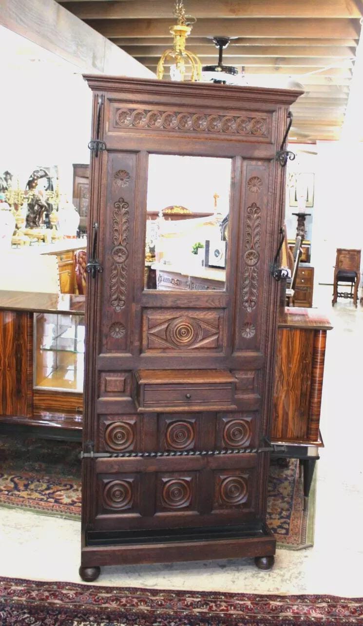 French Antique Oak Renaissance Hall Tree | Carved Coat Rack Stand w/ Mirror