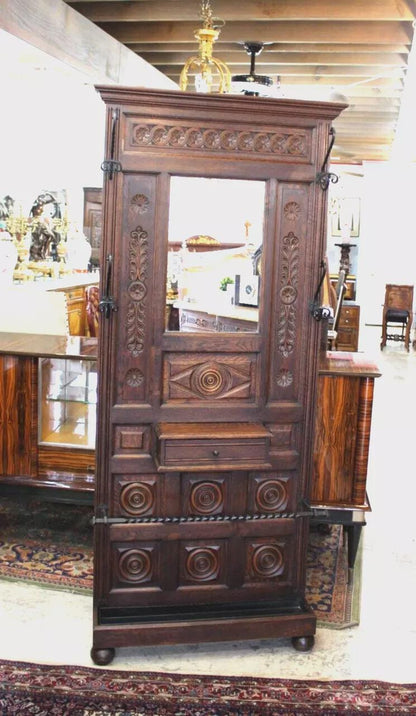 French Antique Oak Renaissance Hall Tree | Carved Coat Rack Stand w/ Mirror