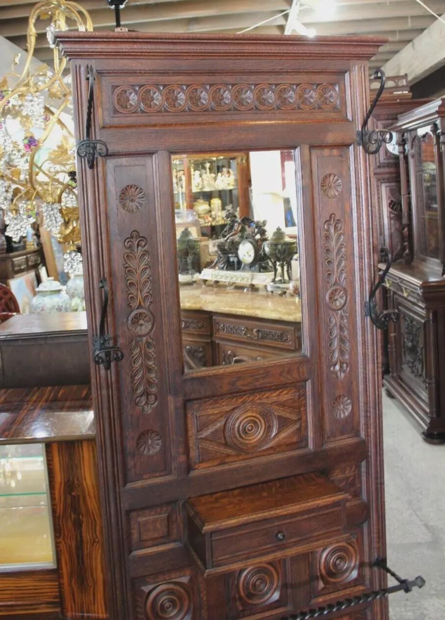 French Antique Oak Renaissance Hall Tree | Carved Coat Rack Stand w/ Mirror