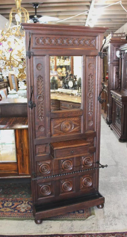 French Antique Oak Renaissance Hall Tree | Carved Coat Rack Stand w/ Mirror