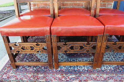 Set 6 French Antique Oak Renaissance Dining Chairs | Red Vinyl Upholstered Seats