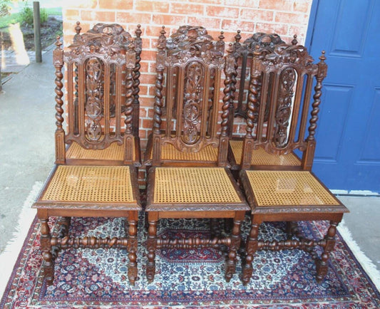 Set of 6 French Antique Louis XIII Oak Dining Chairs | Cane Seats | Carved Backs