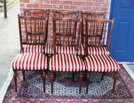 Set of 6 French Antique Chiavari Dining Chairs | Red Striped Upholstered Seats