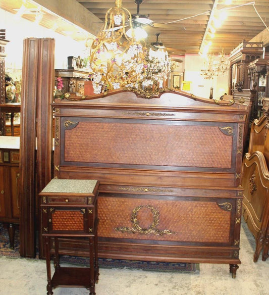French Antique Louis XVI Rosewood Queen Bed Set | Parquetry, Nightstand, Chairs