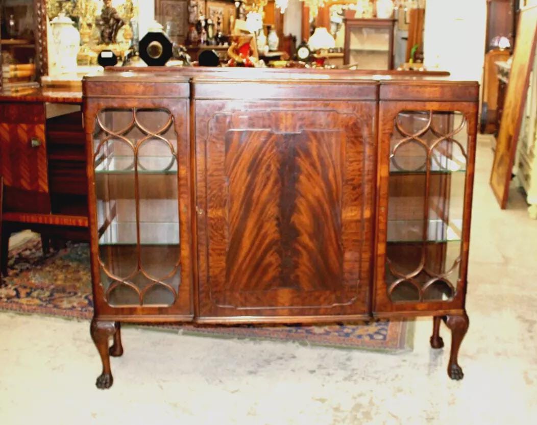 English Antique Flamed Mahogany Display Cabinet | Ball & Claw Feet | Glass Doors