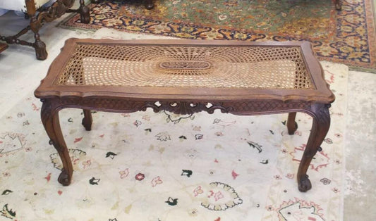 French Antique Oak Louis XV Coffee Table | Carved Frame & Glass Top Inset