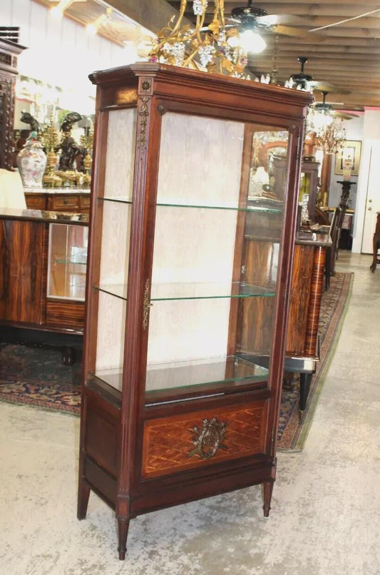 French Antique Mahogany Louis XVI Inlaid Display Cabinet w/ 3 Glass Shelves