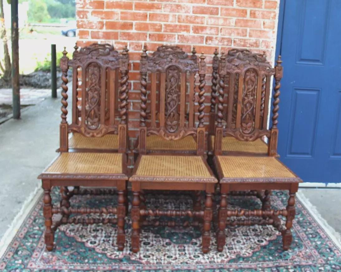 Set of 6 French Antique Louis XIII Oak Dining Chairs w/ Carved Backs & Cane
