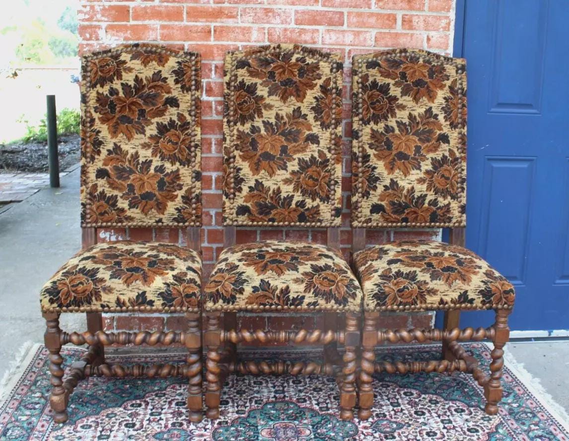 Set of 6 French Antique Louis XIV Walnut Dining Chairs w/ Floral Upholstery