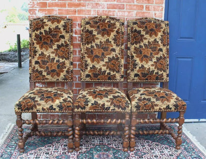 Set of 6 French Antique Louis XIV Walnut Dining Chairs w/ Floral Upholstery
