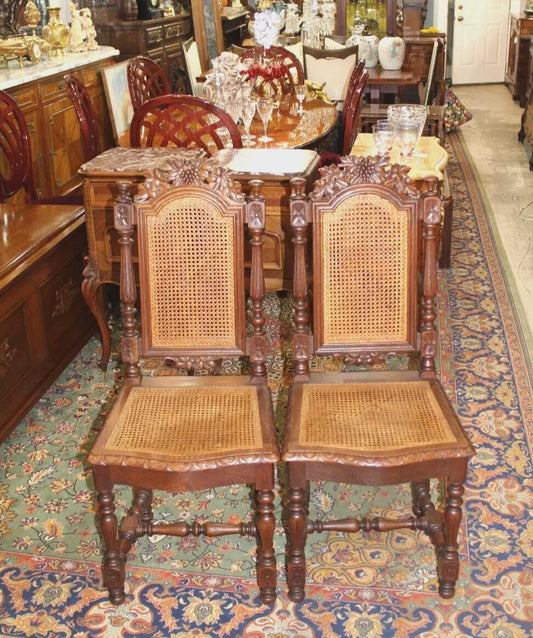 Set of 2 French Antique Renaissance Oak Dining Chairs w/ Cane Seats