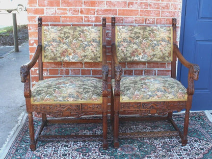 Pair of French Antique Renaissance Walnut Armchairs Upholstered Floral Seats