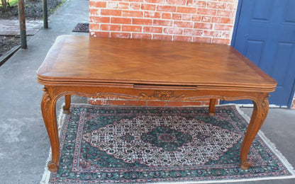 French Antique Louis XV Oak Dining Table | Carved Floral Apron & Parquet Top
