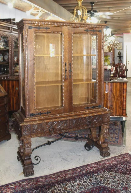 French Antique Renaissance Oak Display Cabinet | Glass Doors & Carved Base