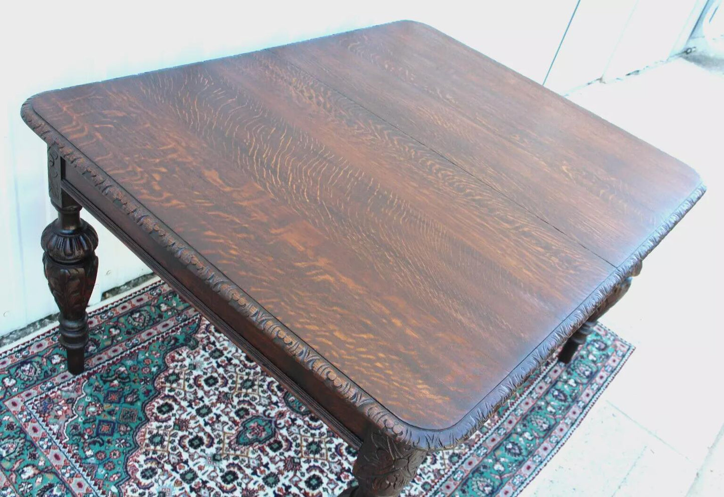 French Antique Tiger Oak Renaissance Dining Table | Carved Legs c.1880