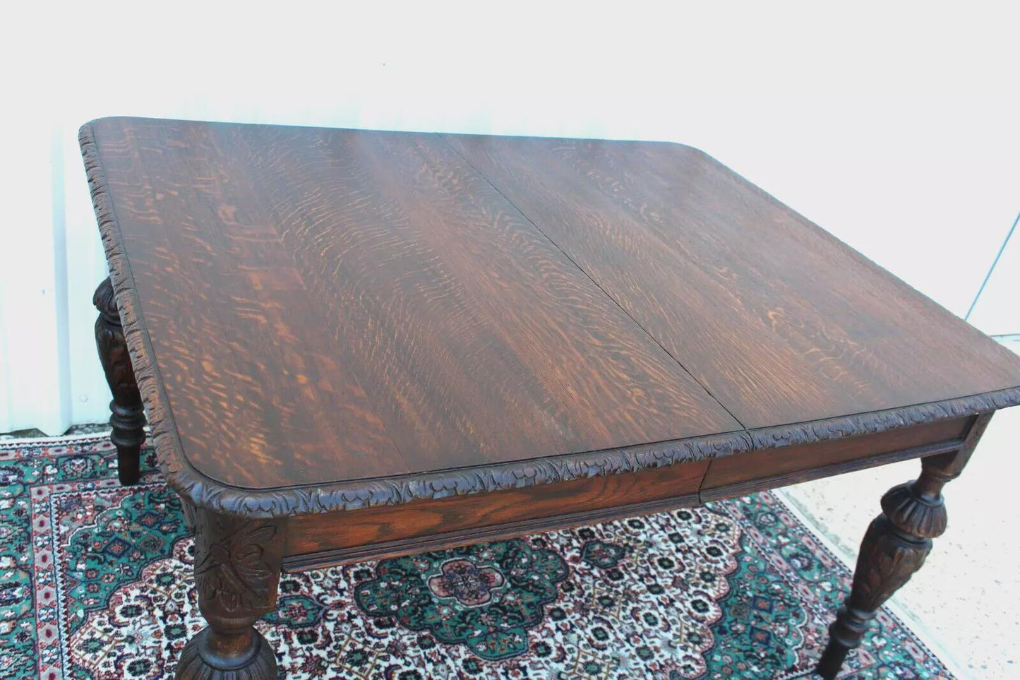 French Antique Tiger Oak Renaissance Dining Table | Carved Legs c.1880