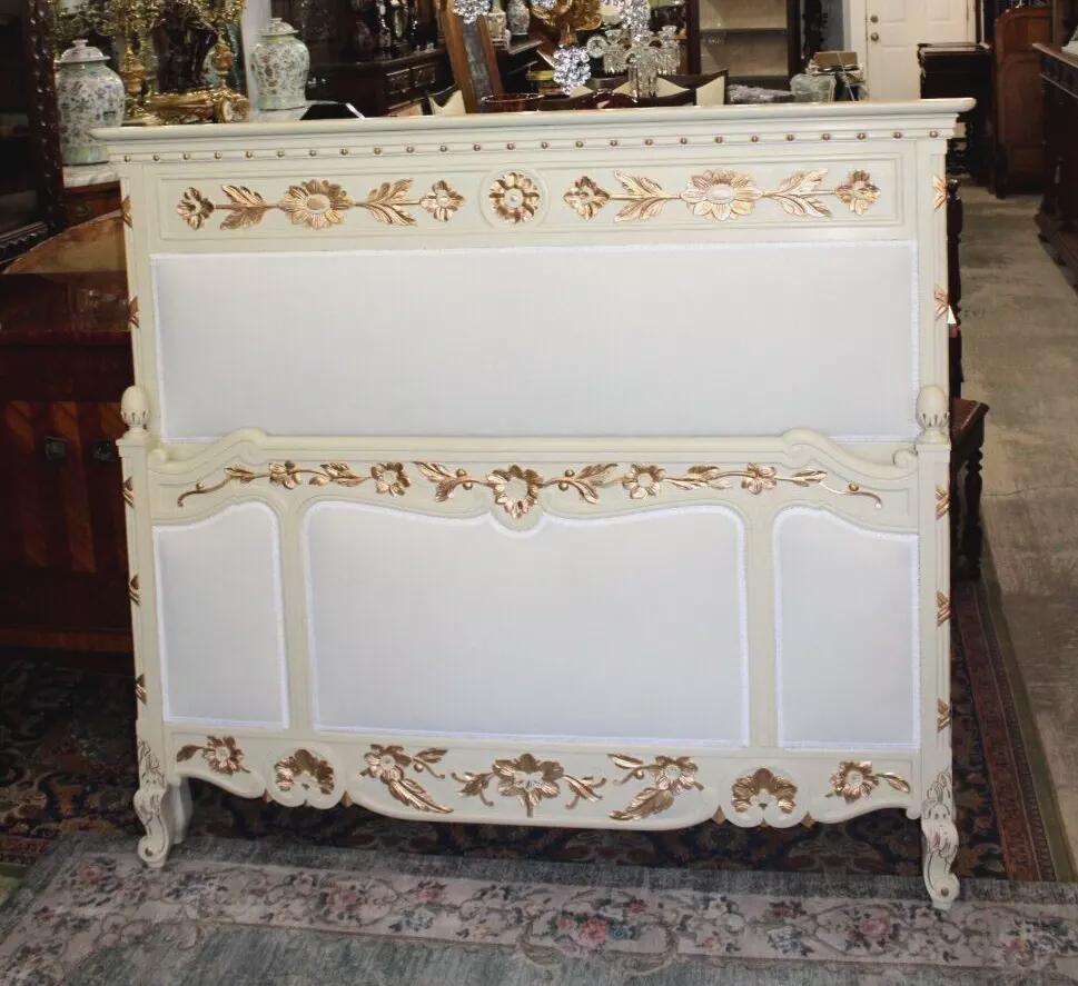 French Antique Louis XV Queen Bedroom Set | Upholstered w/ 2 Nightstands