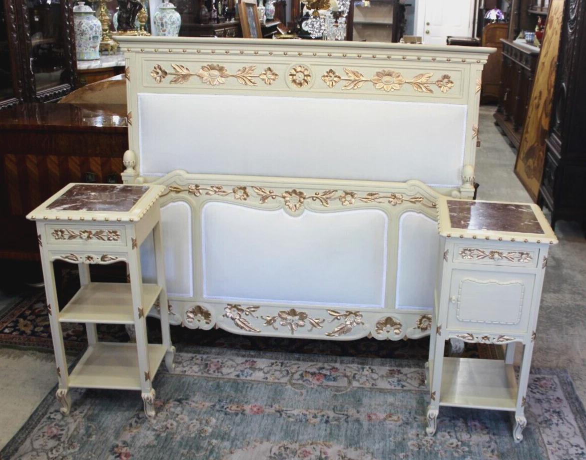 French Antique Louis XV Queen Bedroom Set | Upholstered w/ 2 Nightstands