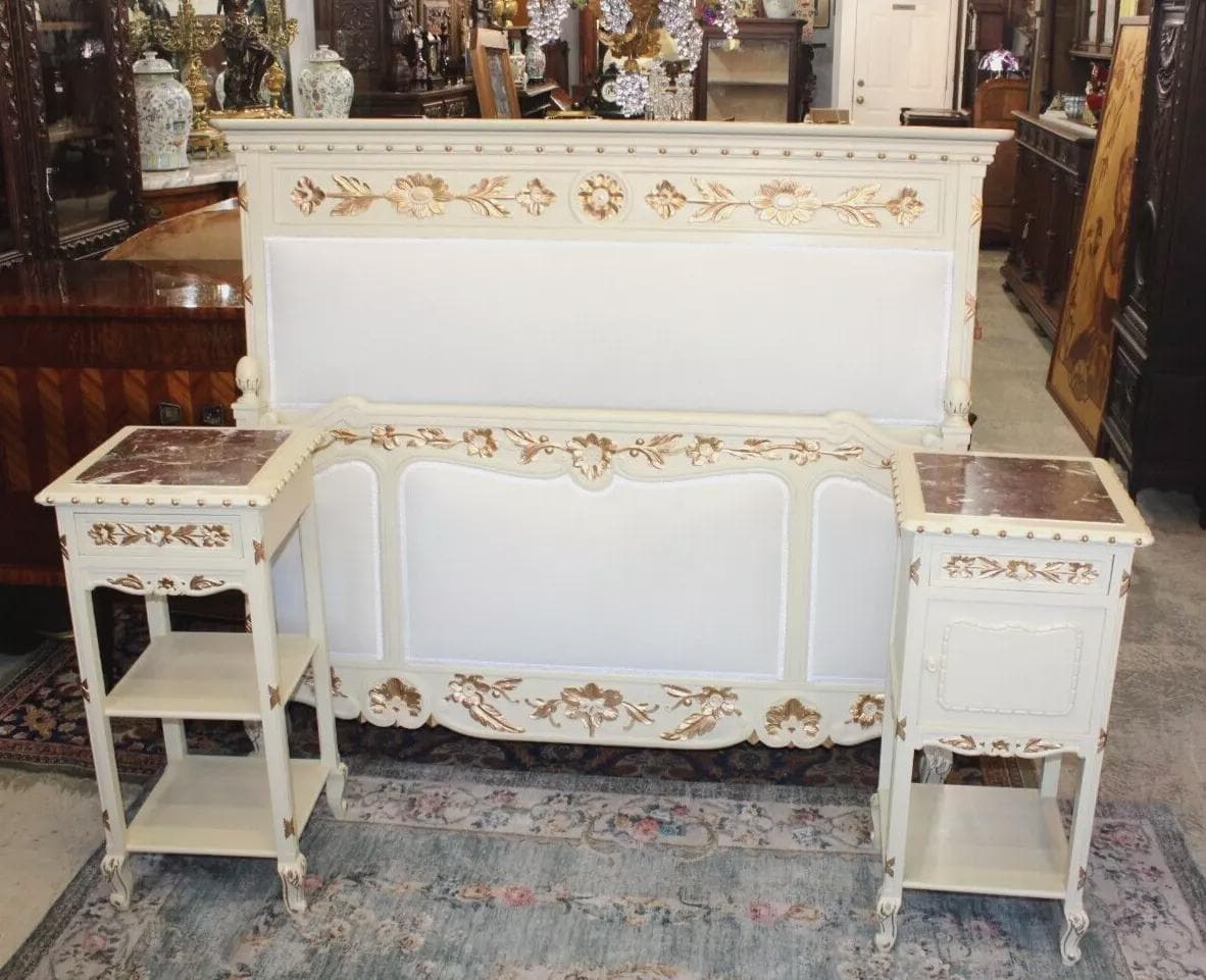 French Antique Louis XV Queen Bedroom Set | Upholstered w/ 2 Nightstands