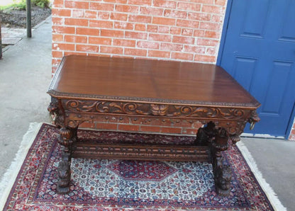 French Antique Renaissance Oak Desk | Carved Writing Table w/ Lion Heads