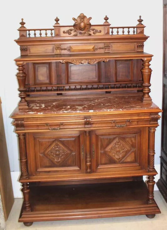 French Antique Walnut Henry II Sideboard Server | Marble Top & Carvings