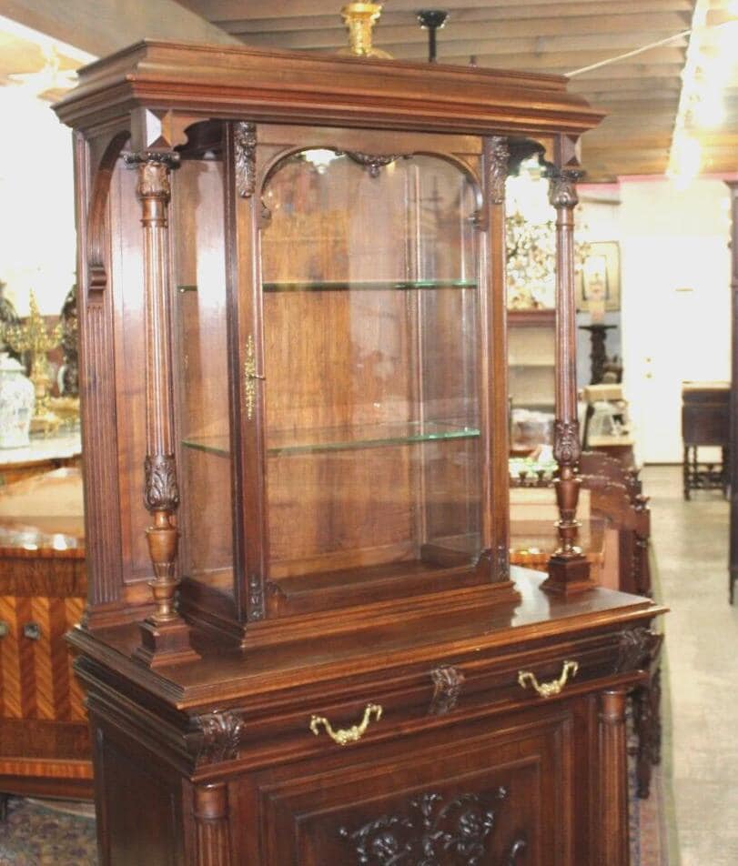 French Antique Walnut Renaissance Buffet Display Cabinet | Glass Shelves