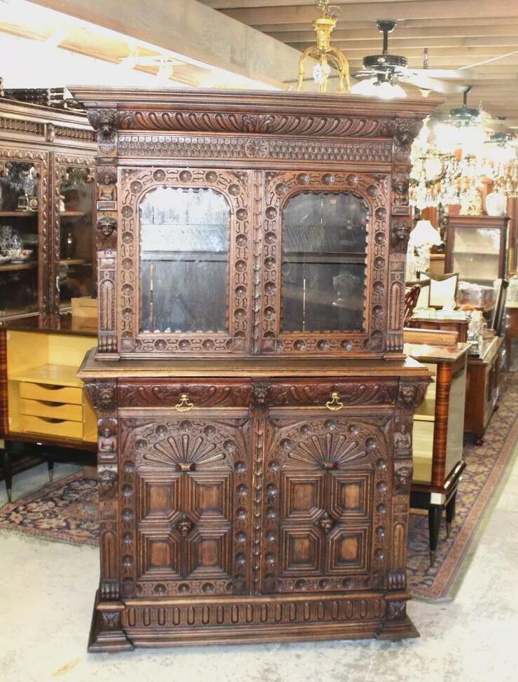 French Antique Oak Renaissance Display Buffet Cabinet | Heavily Carved