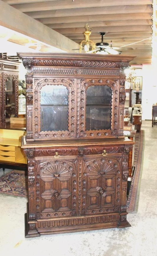 French Antique Oak Renaissance Display Buffet Cabinet | Heavily Carved