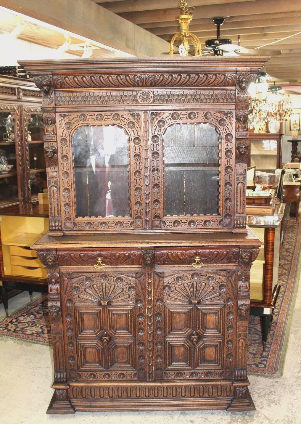 French Antique Oak Renaissance Display Buffet Cabinet | Heavily Carved