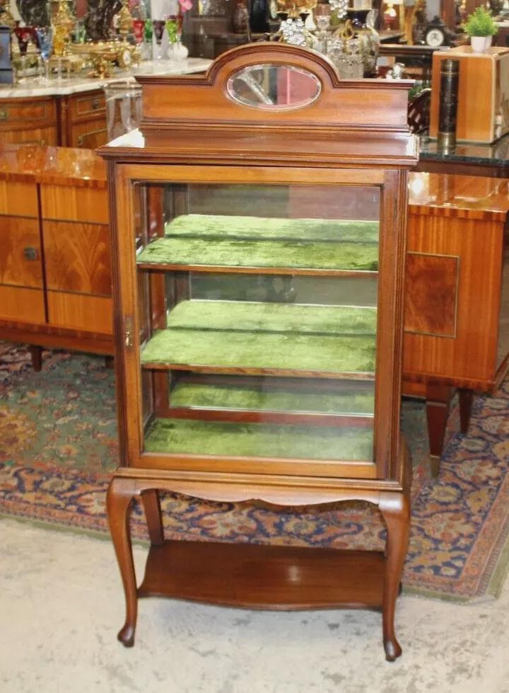 English Antique Mahogany Queen Anne Display Cabinet | Glass Sides & Mirror
