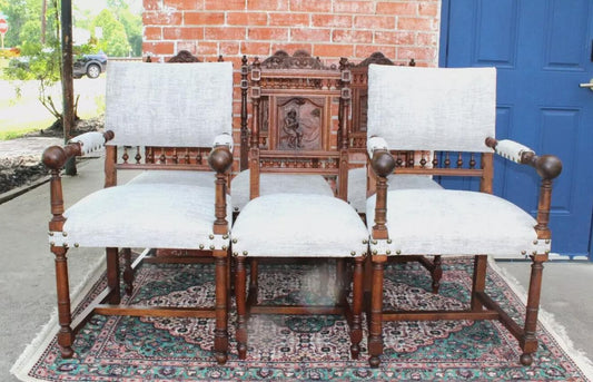 Set of 6 French Antique Oak Brittany Dining Chairs | New Upholstery Fabric