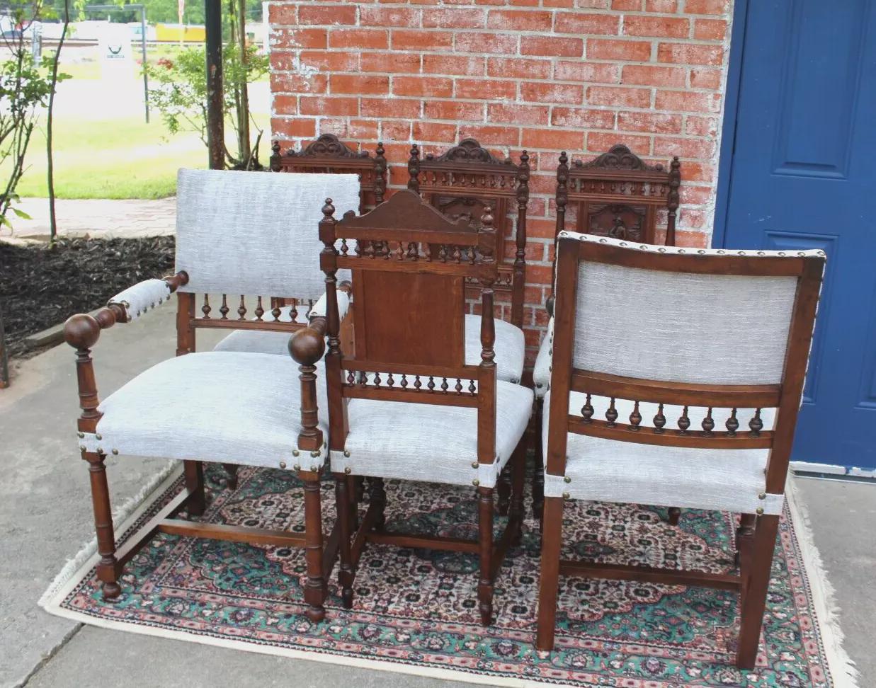 Set of 6 French Antique Oak Brittany Dining Chairs | New Upholstery Fabric