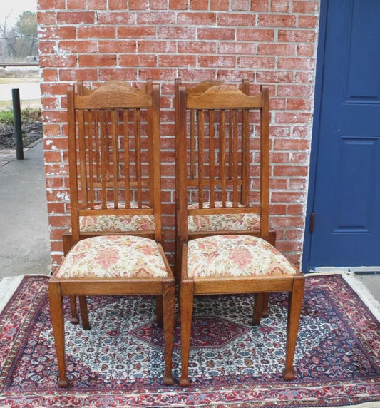 Pair of Antique Oak Arts & Crafts Dining Chairs w/ Floral Upholstery