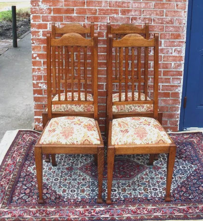 Pair of Antique Oak Arts & Crafts Dining Chairs w/ Floral Upholstery