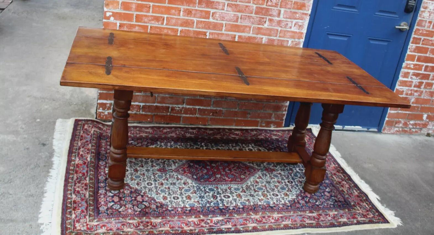 French Antique Oak Trestle Table Dining Console Sofa Table w/ Turned Legs