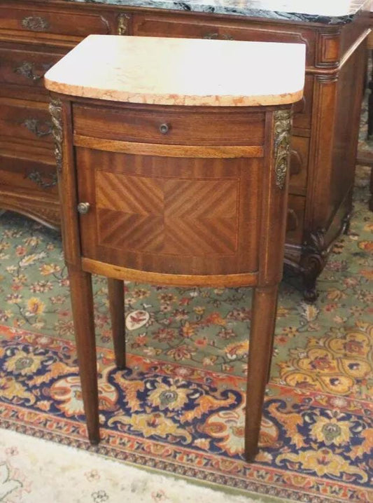 French Art Deco Walnut Nightstand with Marble Top | Antique Bedside Cabinet